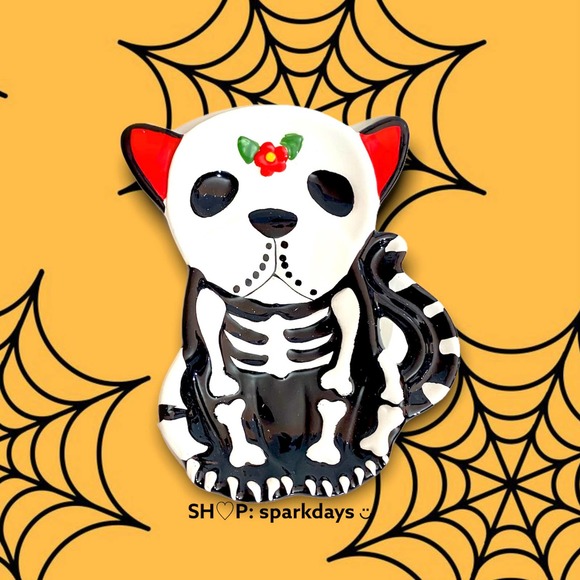 Bulldog Skeleton Puppy Dog Sugar Skull Smoke Ashtray Jewelry Dish Ceramic Plate - Picture 7 of 8